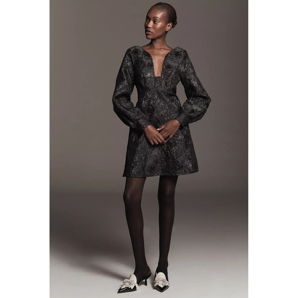 #67 MAEVE Mini Dress Sz. 2 Black Floral Jacquard Plunge VNeck Balloon Sleeve New